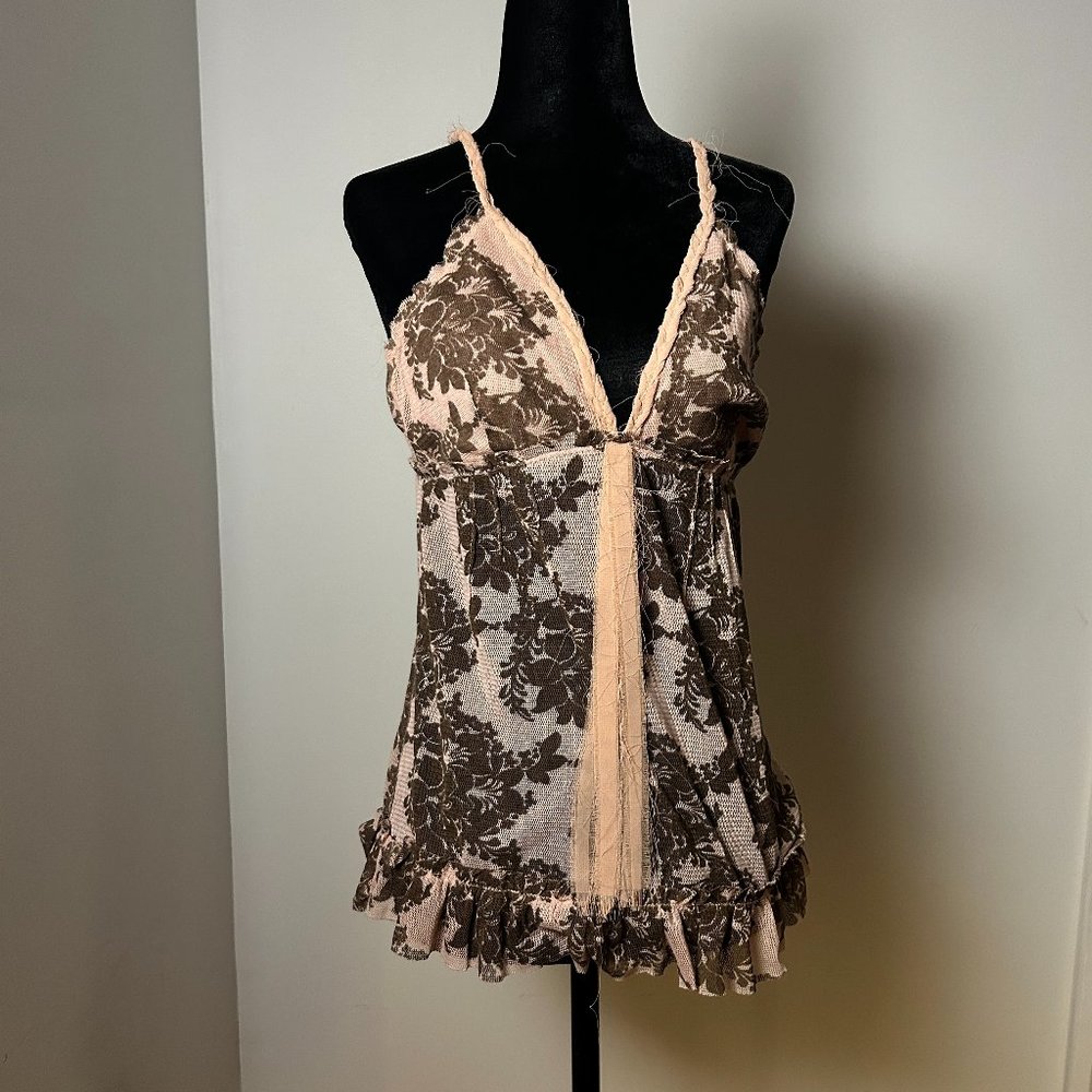 Pink and brown Mango sheer vintage boho floral top with amazing neckline
